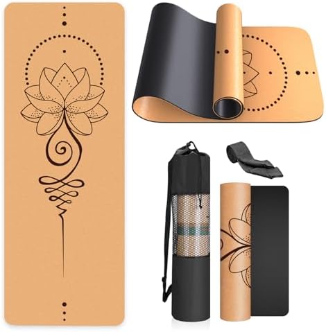 Haninj® Yogamatte-Kork, Rutschfest, Einzigartiges Design, Extradick Natürlicher Kork, TPE Fitness-Trainingsmatte mit Tragetasche und Gurt, für Zuhause, Pilates, Aerobic Fitnessstud