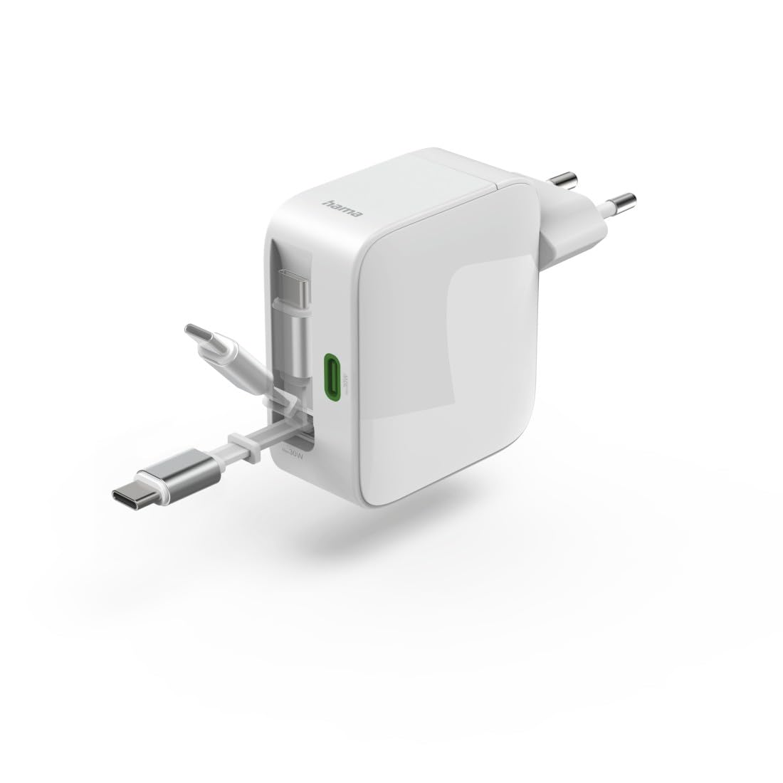 Hama | Caricatore 2 USB C 65 W GAN (230 V, Power Delivery, cavo estensibile, Qualcomm Quick Charge, Dual, Compatto, retrattile) Colore Bianco