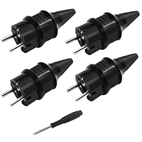 Enchufe Schuko Macho, 4 X Clavija Schuko Macho de Seguridad de Goma (250V/16A) + 1 X Destornillador, Enchufe Exterior para Cables de 6-16MM, Alimentación IP44 Resistente al Agua para Exterior, Negro Cover