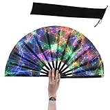 Salutto Large Women Clack Fold Hand Fan Fluorescence Printing UV Glow Party Club Prom Disco Freaky Pub Decoration Accessory Aurora