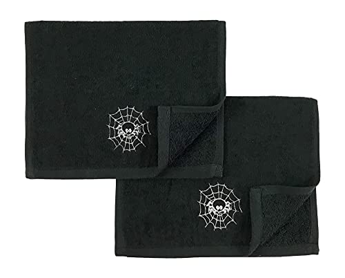 Serafina Home Decorative Halloween Fingertip Hand Towels: Spider In Web Design Embroidered Black Plush Velour Cotton thumb #1