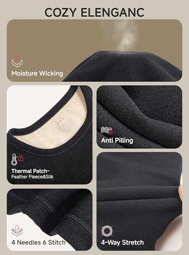 TRENDOUX Thermal Underwear for Women, Long Johns Set Fleece Lined – Womens Thermals Top and Bottom Set Warm Winter Thermal Long Sleeve & Outdoor Ski Layer - M Black