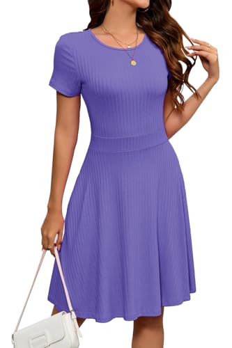 Image of Newshows Womens 2025 Summer Dresses Short Sleeve Ribbed Knit A-Line Swing Beach Vacation Outfits Casual Sundress with Pockets