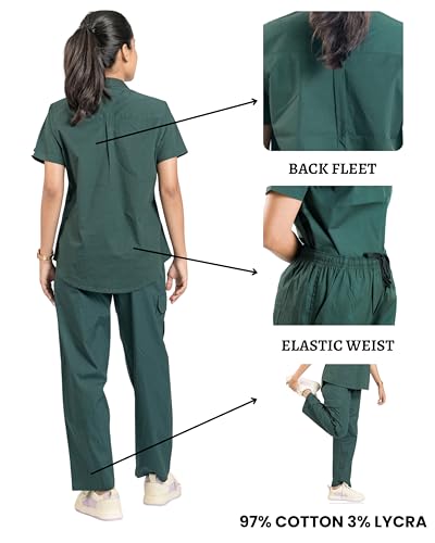 Image of Flexi Women Medical Scrub Set | 5 Pockets | Cotton Lycra Doctor Scrubs | Y-Neck Top | Straight Pants | Hospital Uniform for Doctors & Nurses