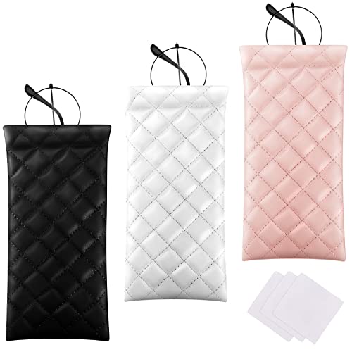 3 Pcs Soft Eyeglasses Case Bulk Sunglasses Pouch Women Sunglass Organizer Squeeze Pu Leather Portable Glasses Case Sunglass Sleeve (Black, White, Pink) #TOP11