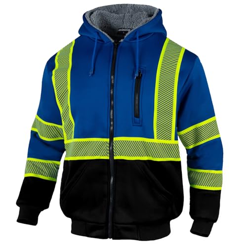 Drizomo High Visibility Sherpa Fleece Hoodie for Men Safety Reflective Sweatshirt ANSI Class 3 Hi Vis Jacket with Zipper