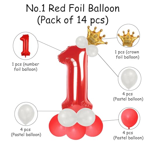 Image of Red 1 Number Foil Balloon with Crown & Base Balloons | 32 Inch Helium Supported for Birthday, Anniversary, Baby Shower Decoration - Pack of 14
