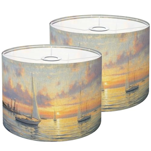 Lamp Shades Set of 2 Famous Oil Paintings Seascape Ocean Sea Beach Pictures Sailboats Drum Lampshades 8.9"x11"x11" for Table Lamps Floor Lamps Pendant Light Replacement Large Linen Lamp Shade