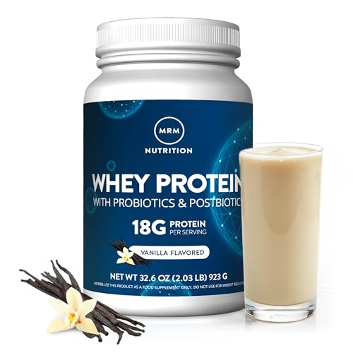 MRM Nutrition Whey Protein - Vanilla Flavored, Microfiltered Whey Protein Isolate & Concentrate, 16 Different Probiotic Strains, BCAAs, & Digestive Enzymes, Gluten Free, for Women & Men - 34 Servings