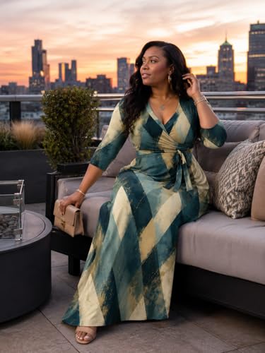 Image of Plus Size Dresses for Women Print Maxi Dresses 3 /4 Sleeve with Belt