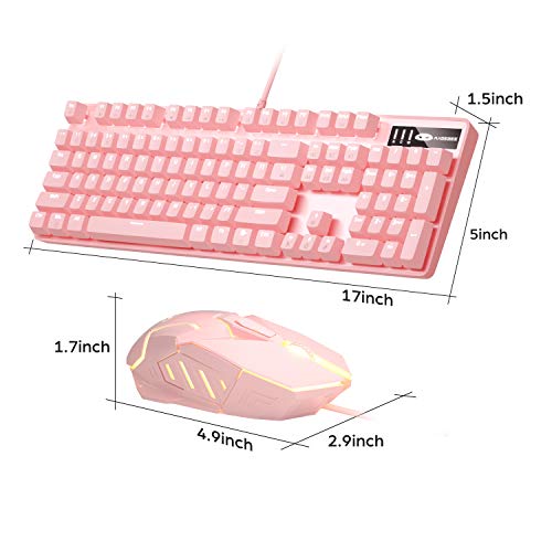 Pink Mechanical Gaming Keyboard And Mouse Combo Blue Switch 104 Keys White Backlit Keyboards, 7 Button Mouse Wired For Windows, Computer, Desktop, Pc, Notebook, Laptop(Pink) #TOP2