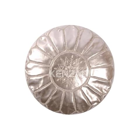 KENZADI Stuffed Genuine Leather Pouf Handmade Stitched in Marrakech by Moroccan Artisans (Silver) Cover