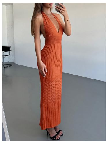 Image of GORGLITTER Women's Halter Backless Knit Dress Crochet Maxi Dresses | Open Back Dress, Knitted Long Bodycon Dresses, Deep V Neck, Resort Wear, Going Out Vacation Outfits