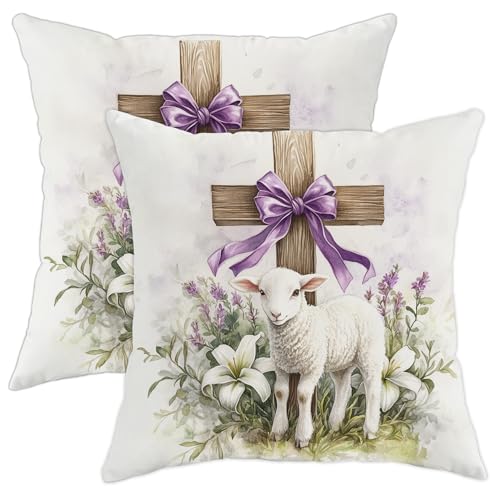 Lamb & Cross Pillow Covers Set of 2, Pastel Violet Easter Decorative Throw Pillows, Rustic Farmhouse Style Cushion Cases for Home Sofa Bed Couch 20x20 Inch