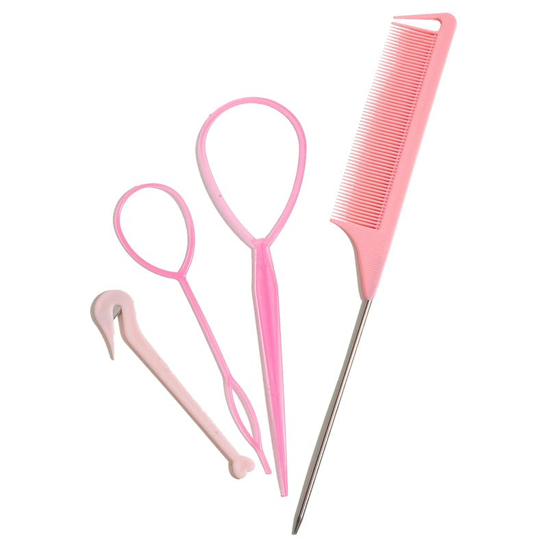 Zalati Hair Topsy Kit d'outils de tressage 4 pièces (1 peigne queue de rat, 2 boucles pour outils de tresse française, 1 coupe-élastiques à cheveux) pour...