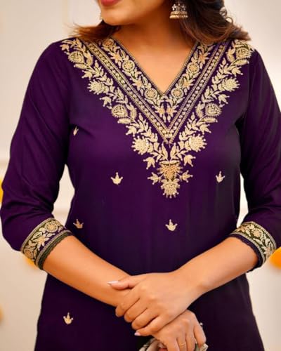 Image of Women Afghani Viscose Rayon Kurta Pant Dupatta Set with Embroidered Neck Work and Floral Print Organza Dupatta | Ethnic Straight Suit Set