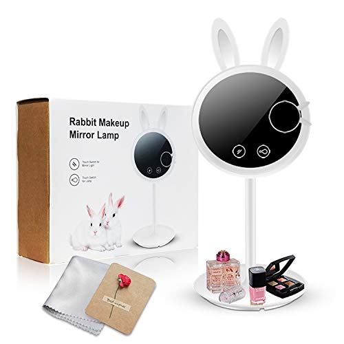 Double-Sided Lighted Makeup Mirror - Rabbit Vanity Mirror 6.7-inch Led Round Tabletop Cosmetic Mirror,7X Magnification,Touch Screen and USB Cable,16.5-inch Height