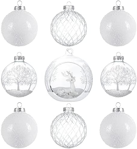 KI Store White and Clear Glass Christmas Ornaments Set of 9 Large Christmas Tree Decorations 100mm 80mm for Christmas Tree Table Centerpieces