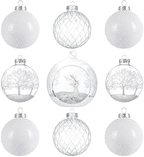 KI Store White and Clear Glass Christmas Ornaments Set of 9 Large Christmas Tree Decorations 100mm 80mm for Christmas Tree Table Centerpieces