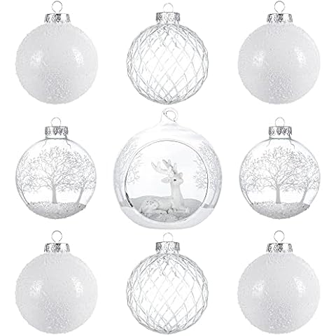 KI Store White and Clear Glass Christmas Ornaments Set of 9 Large Christmas Tree Decorations for Christmas Tree Table Centerpieces Cover