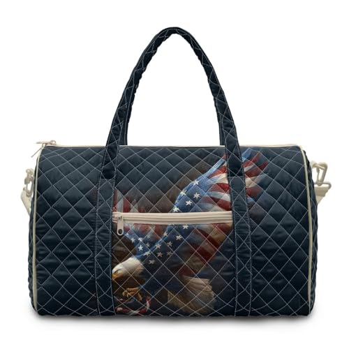 Wetoricau Quilted Travel Duffle Bags Eagle American Flag Weekender Carry on Tote Bag Personalized Storage with Zippered Pockets Gym Duffel Bag for Yoga, Gym and Hospital