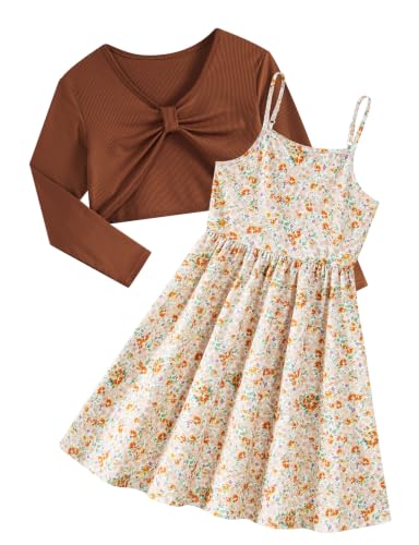 Kimoda Girl 2 Piece Dress with Cardigan Brown Floral Casual Dress for 9-10Y