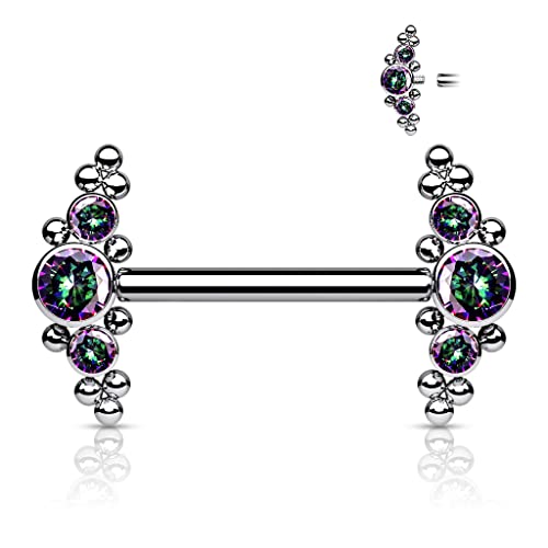 Dynamique Implant Grade Titanium Nipple Barbells With Bezel Set Cz And Micro Ball Cluster Internally Threaded Ends (Sold Per Pair Or Per Piece) #TOP1