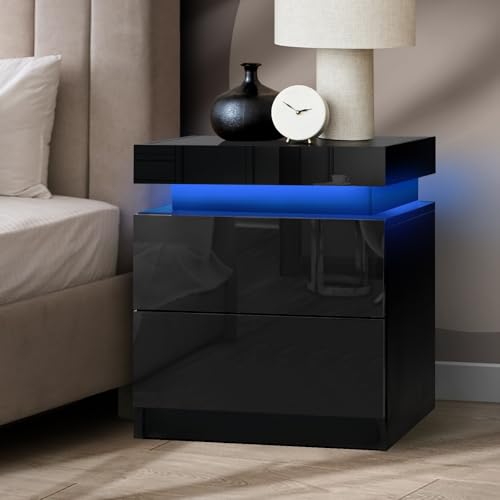 Oikiture Bedside Table RGB LED Nightstand Drawers for Bedroom Furniture Cabinet 2 Drawers Side Tables Organiser Black