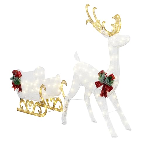 Shintenchi Christmas Lighted Reindeer and Sleigh Decor, Outdoor Christmas Decoration Set w/ 200 LED Lights, Pre-lit Glittered Standing Ornaments for Garden Patio Lawn Front Door Indoor Display, White by Shintenchi - Image 4