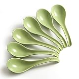 Asian Soup Spoons - YFWOOD 6.75 Inch Ceramic Ramen Spoon,Green Chinese Soup Spoons,With Deep Oval Hook Design,Perfect for Pho,Wonton,Dumpling And Miso Soups,Set Of 6