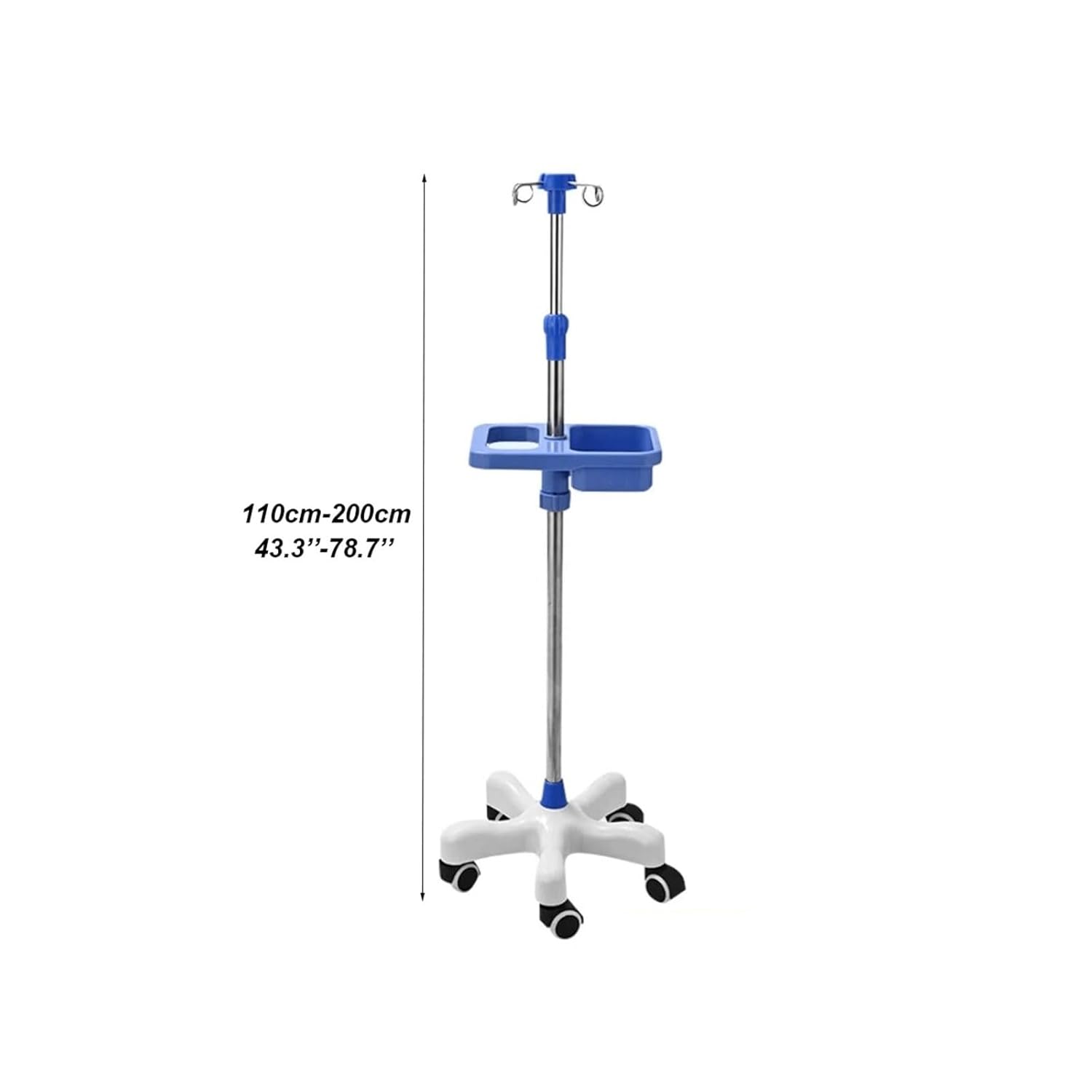 Portable IV Pole Stand with 5 Wheels, Height Adjustable (43” to 82”) IV Bag Holder with Storage Tray, Sturdy Stainless Steel Roller Stand for Home Care, Elderly, and Patient Mobility