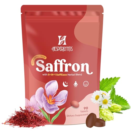 Hesperilyntis Saffron Supplements - Full Spectrum Saffron with Magnesium, Ashwagandha, Rhodiola, St. John's Wort, L-Theanine, Lemon Balm, Valerian & Chamomile - Mood, Sleep, Relax & Focus, 90 Tablets