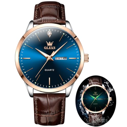 OLEVS Watch Men Casual Brown Leather Watches for Men Fashion Minimalist Simple Blue Big Dial Mens Watch Luxury Dress Everyday Waterproof Analog Day Date Men's Wrist Watches Relojes para Hombres