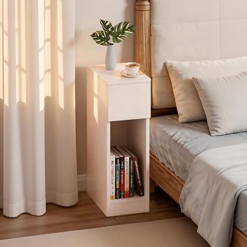Homullel 20cm Narrow Bedside Cabinet Drawer Slim Bedside Table Small Nightstand Bed Side Table for Bedroom Living Room (1 Drawer, White)