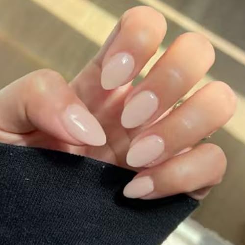 Modelones Pink White Press on Nails Almond, Nude Short Fake Nails, Reusable Nail Kit with Nail Glue Adhesive Tabs Mini Nail File, Nails Press Ons 32Pcs 16 Sizes, Women Girl Gift