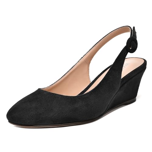 WAYDERNS Womens Square Toe All Weather Suede Adjustable Strap Dating Solid Buckle Wedge Low Heel Pumps Shoes 2 Inch