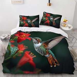 Dekbedovertrekset eenpersoonsbed 155 x 200 cm vogels en rode bloemen beddengoed set van zachte ademende microvezel 3D vogels in natuur met dekbedovertrek en 2 kussenslopen 50 x 80 cm F-2340