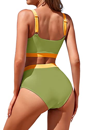 Image of Womens High Waisted Bikini Sets Sporty Crop Top Color Block Swimwear Bandeau Scoop Neck Vintage Two Piece Bathing Suits