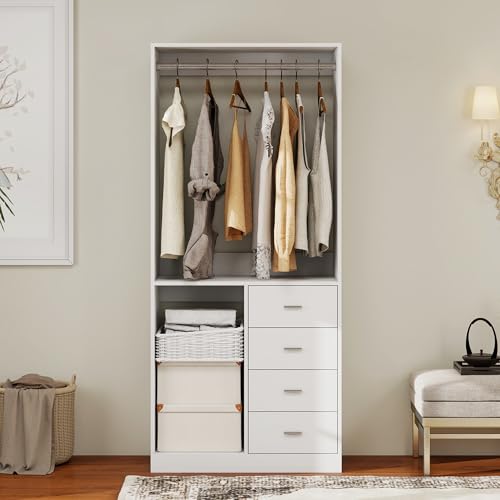 Keloyid Wood Closet Systems for Built in Closets: Garment Rack with 4 Drawers and Hanging Rail for Built-in Closet or Bedroom Wall Mount White 31.5