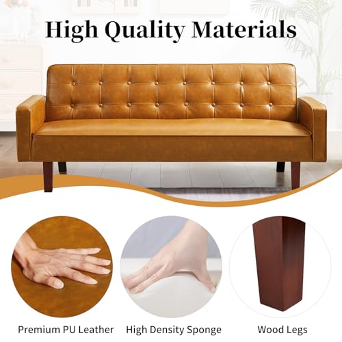 Image of Faux Leather Couch, Mid Century Modern Sofa with Memory Foam, Comfy 3 Seater Couch for Small Spaces, Living Room, Office, Brown