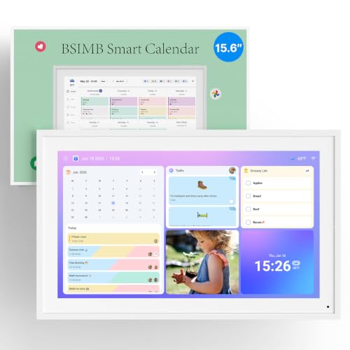 BSIMB 15.6 Inch Digital Calendar - Chore Chart, Meal Planner, Rewards System, Photo Display, Smart Electronic Calendar Touchscreen Interactive for Family Schedules, Seamless Scheduling White