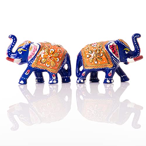 Minakari Traditional Indian Rajasthani Décor Hand Painted Festive Decoration Showpiece for Table Home Office and Gifting (Blue Elephant Set of 2) - Image 4