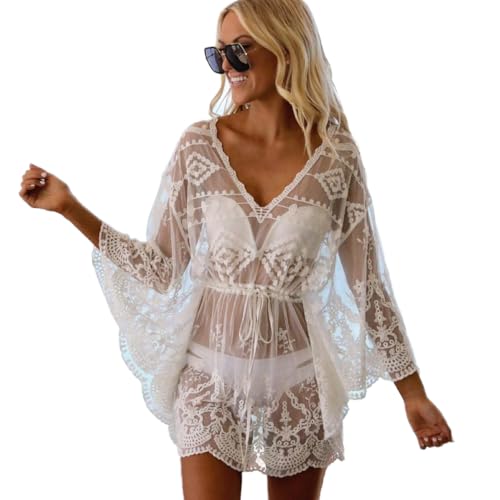 OKSakady Damen Frauen V- Ausschnitt Spitze Mesh Gestickt Bikini Cover Up Badeanzug Strandkleid Bademode-4
