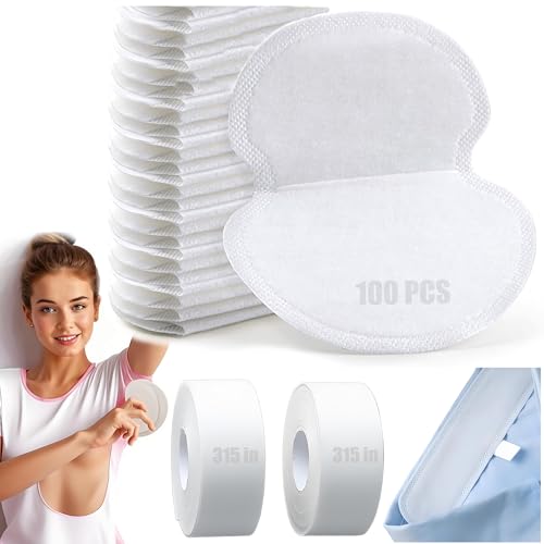 100 Pcs Invisible Underarm Sweat Pads + 2 Rolls (630 in) Disposable Collar Liner Tape - Adhesive Backing Shirt Sweat Guards, Ultra Thin 1mm Armpit Shields & Neck Protectors for Women/Men