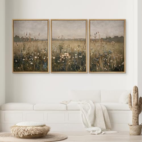 SIGNWIN Framed Canvas Print Wall Art Set Wildflower Meadow Rustic Floral Field Landscape Illustrations Modern Art Decorative Rustic Calm/Zen for Living Room, Bedroom, Office - 24"x36"x3 Natural