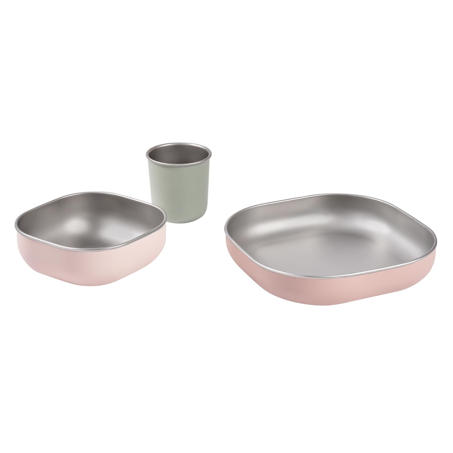 BÉABA, Set de Comida Bebé/Niño Inox, 3 Piezas, Cristal + 2 Platos, Compatible Microondas/Lavavajillas, Saludable/Resistente, Ligero, Irrompible, Antideslizante con Funda de Silicona, Algodón de Azúcar