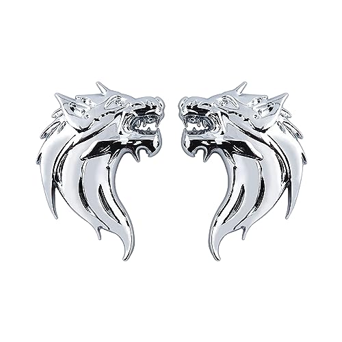 Image of 2pcs Cool Wolf Head Car Side /Rear /Front Decorations Badge Emblem 3D Self-Adhesive Nameplate Sticker for Car (Silver)