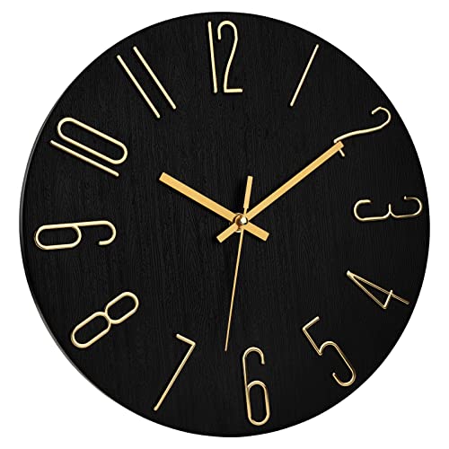 Foxtop Wall Clock 12 Inch Silent Non Ticking Battery Operated Round Wall Clock Modern Simple Style Clocks Decorative For Office Bedroom Kitchen School (Black Gold) #TOP5