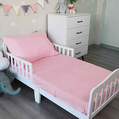 Image of Biloban 3-Piece Toddler Sheet Set for Girl, Toddler Bedding Set Microfiber Includes Crib Mattress Sheet, Flat Sheet and Envelope Pillowcase, Silky Soft, Breathable and Lightweight, Pink