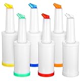 Dimeho 6 Pcs Bar Pour Colorful Juice Pouring Bottle Containers Plastic Pour Bottles 34 oz Juice Dispensers with Tapered Spout for Bar Party Kitchen Supplies